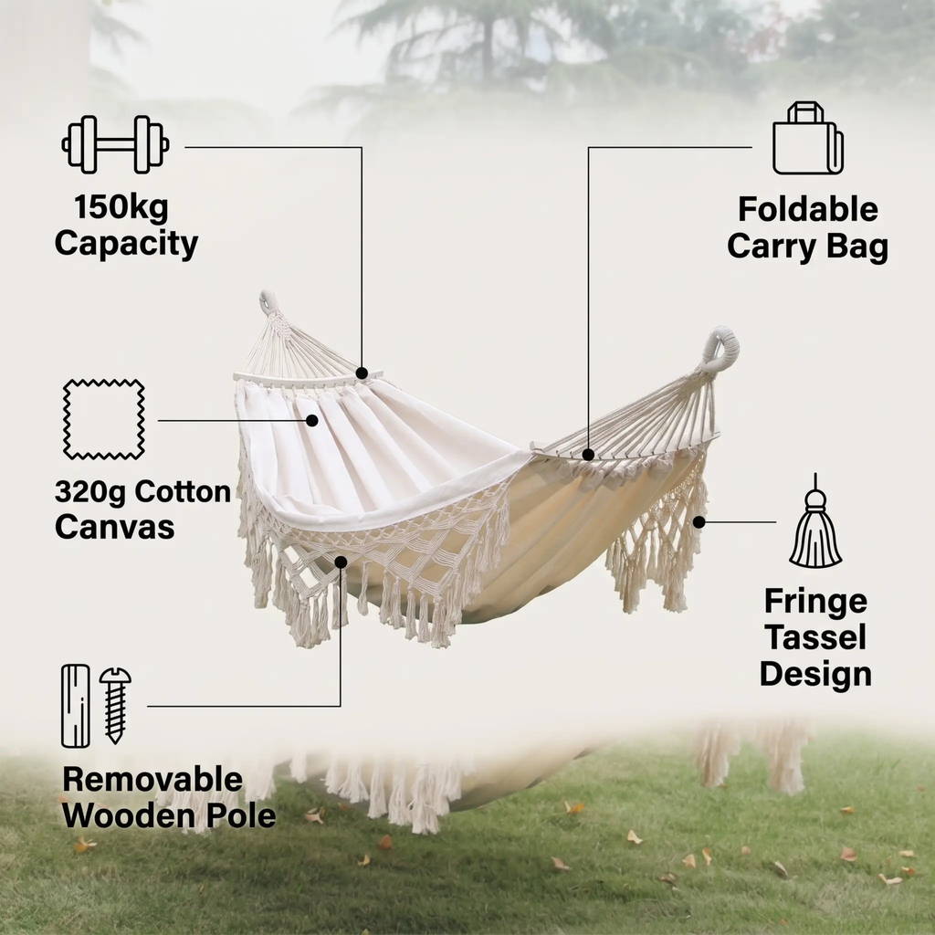 BowLift | Hamaca de Lona con Flecos para Camping Doble al Aire Libre de 200x150cm con Poste (Blanco)