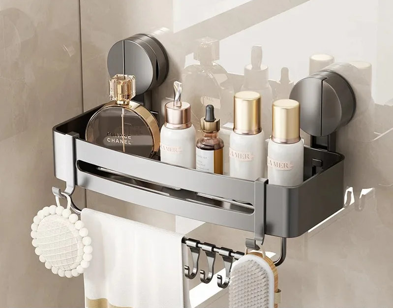 AquaGrip Estante de Ducha con Ventosas sin Perforación – Estante de Baño de Aluminio, Montaje en Esquina o Pared