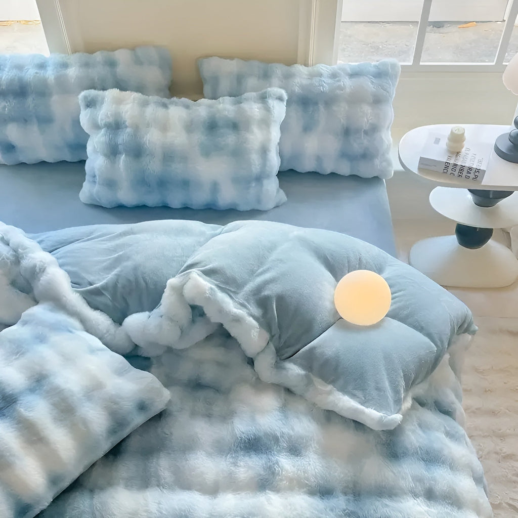Conjunto de ropa de cama de terciopelo muy acogedor: cálido y suave para el otoño y el invierno | Diseño reversible en piel de conejo y terciopelo color leche
