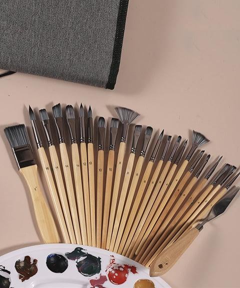 Juego de Pinceles para Artistas | 24 Pinceles de Nailon con 7 Formas y Espátula | Acrílico, Óleo y Acuarela