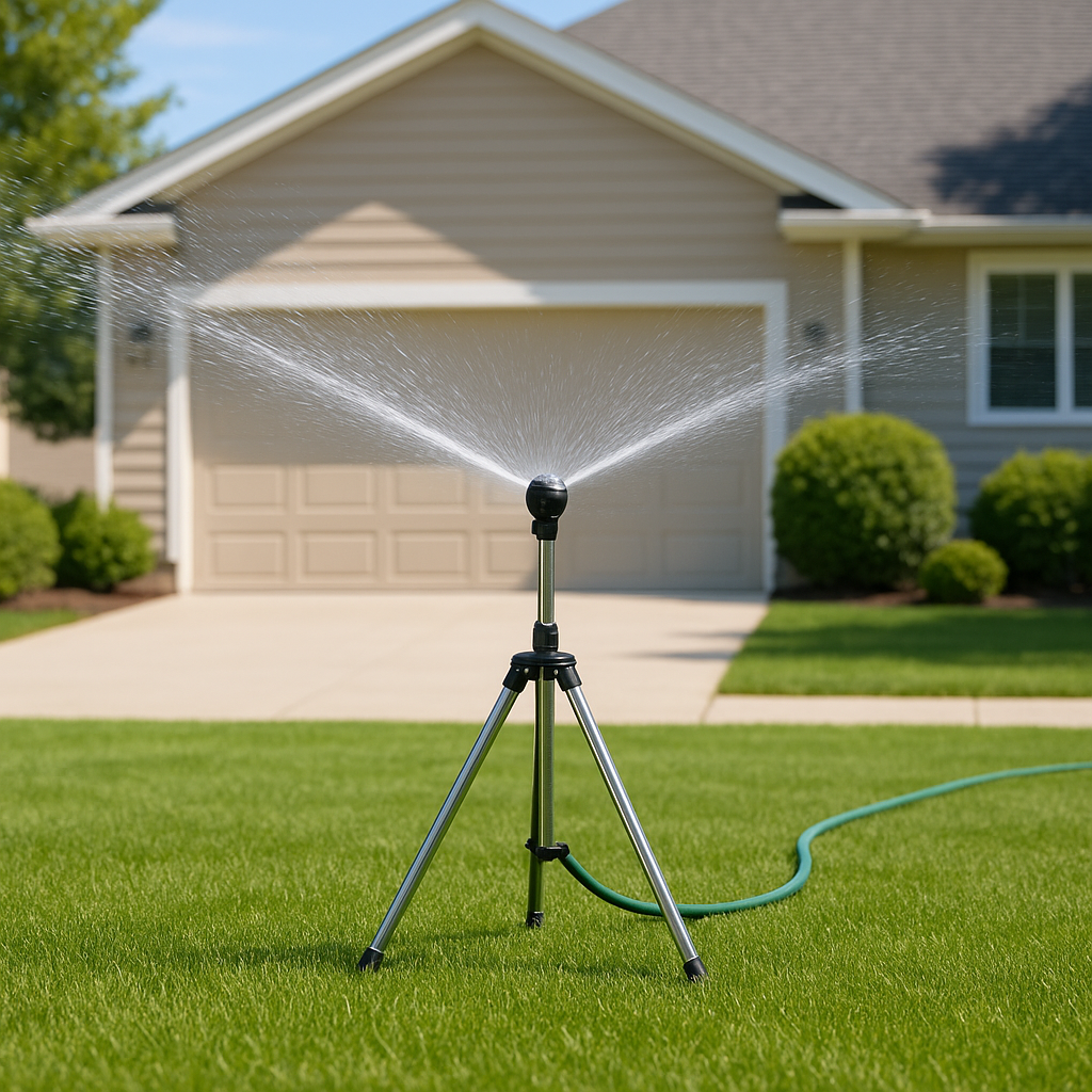 Aspersor de jardín ajustable de 360° en trípode – Sistema de riego de césped de acero inoxidable ajustable en altura