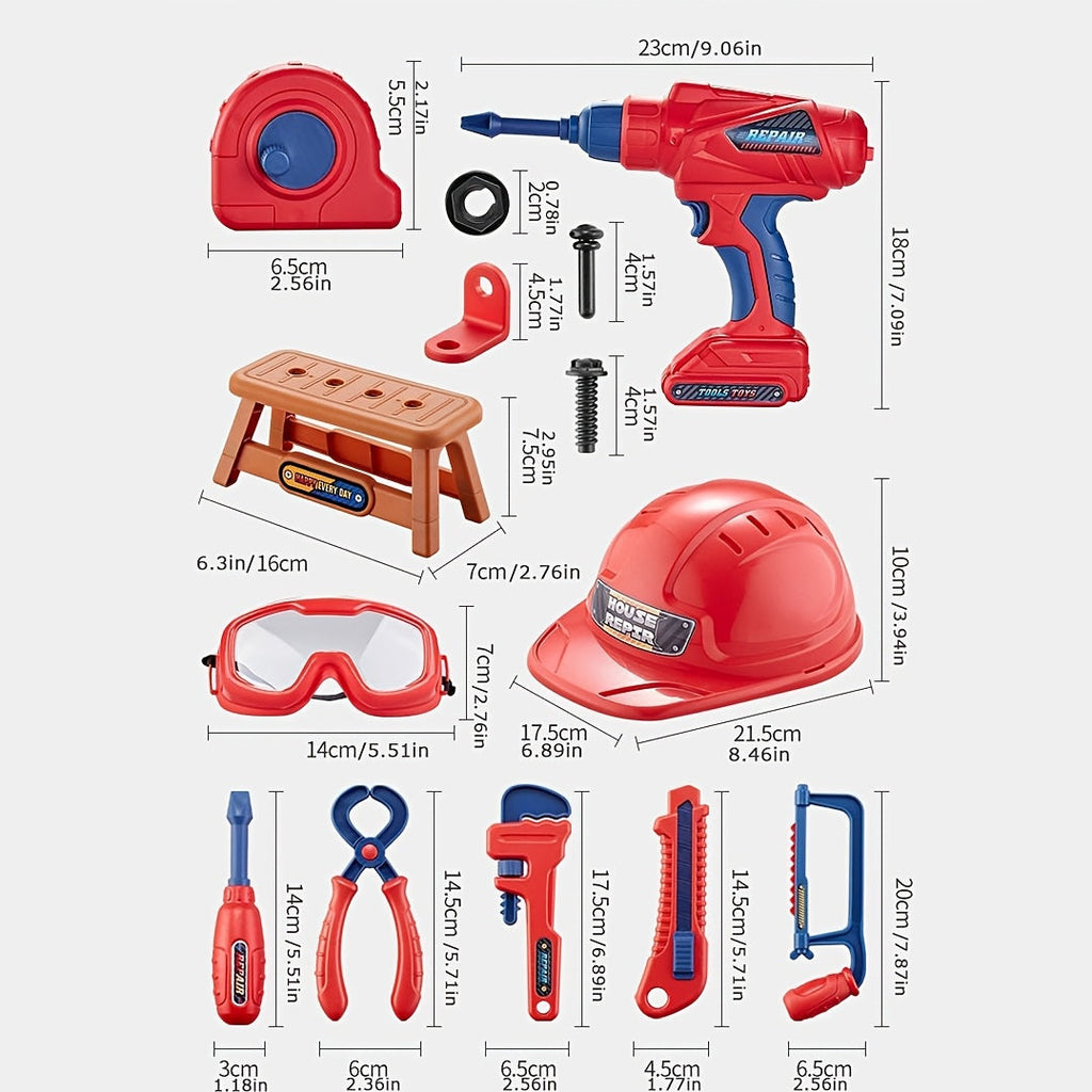 Juego de Herramientas de 48 Piezas para Niños – Con Taladro Eléctrico, Casco de Seguridad y Bolsa de Almacenamiento