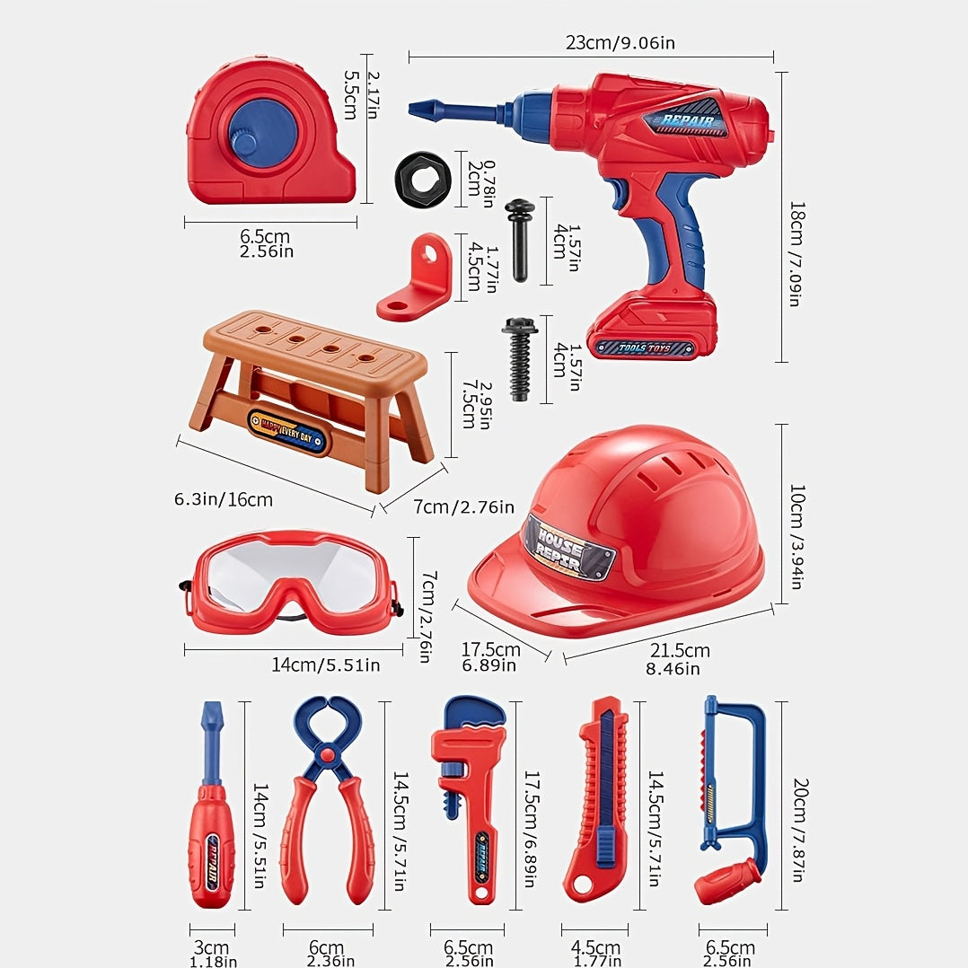 Juego de Herramientas de 48 Piezas para Niños – Con Taladro Eléctrico, Casco de Seguridad y Bolsa de Almacenamiento