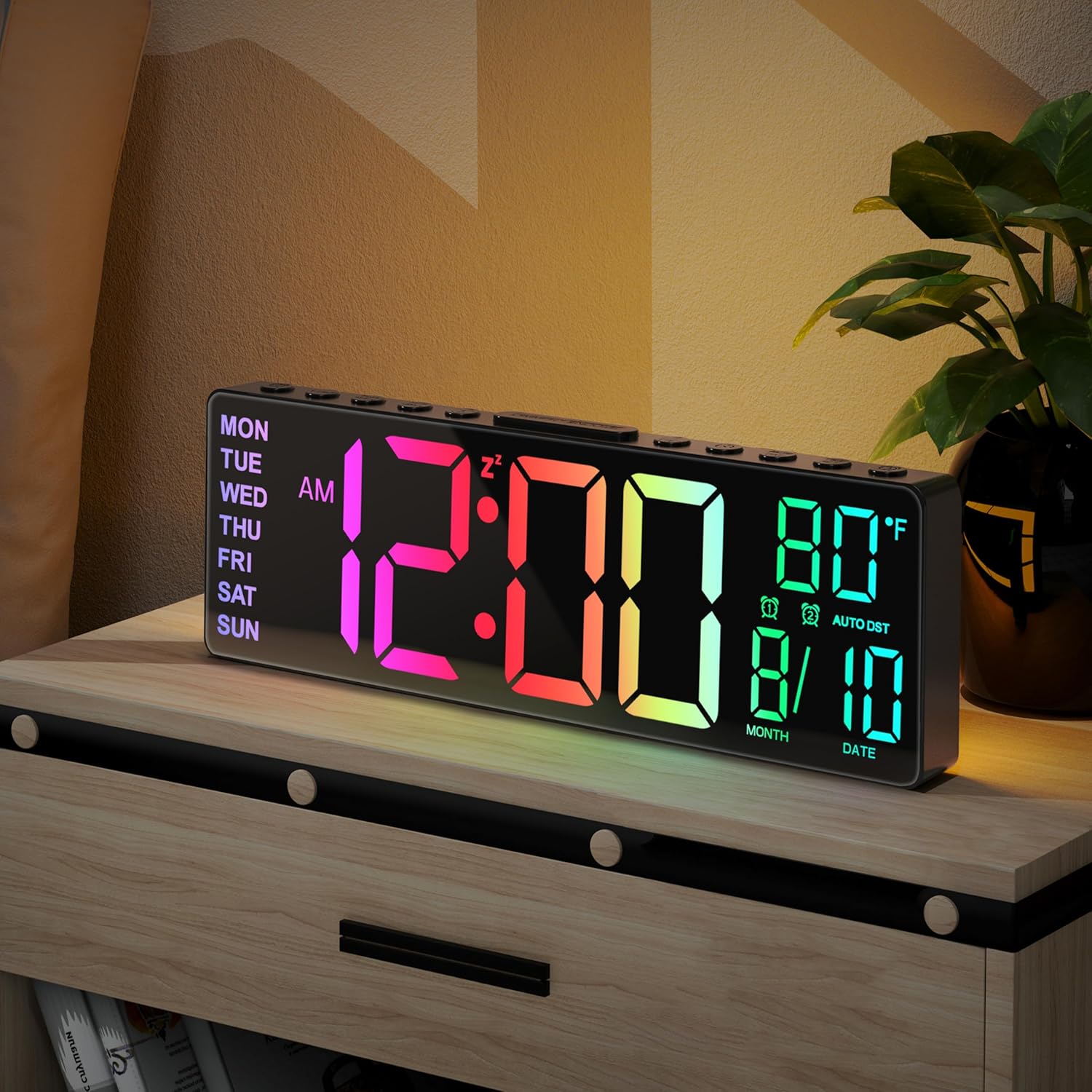 Reloj Despertador Digital Grande de 10.5'' con 8 en 1 Colores RGB