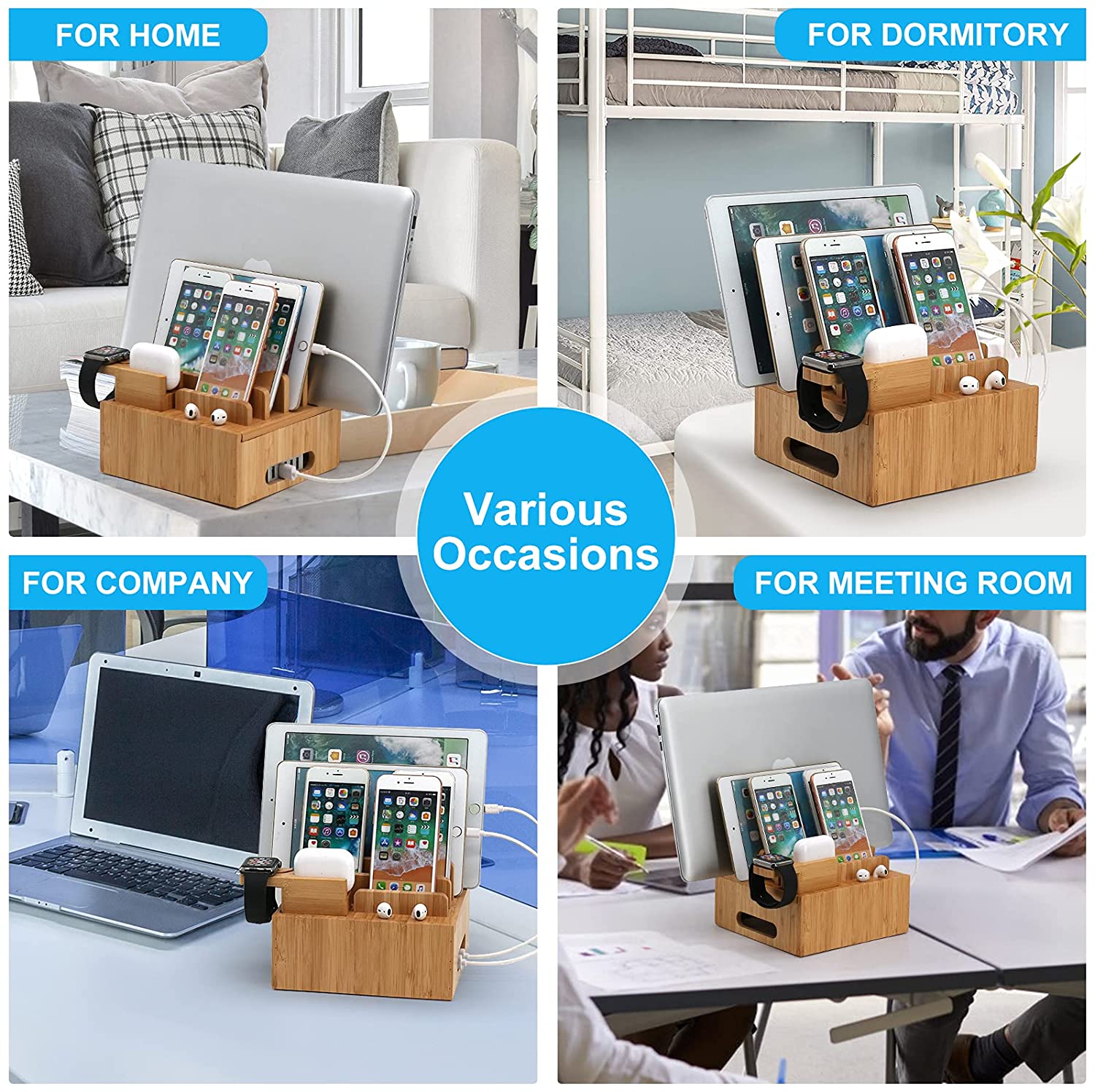 Tekavo ChargeDock Estación de Carga de Bambú | Cargador USB de 5 Puertos y Organizador | Para Smartphone, Tableta y Reloj Inteligente | Incluye Juego de Cables