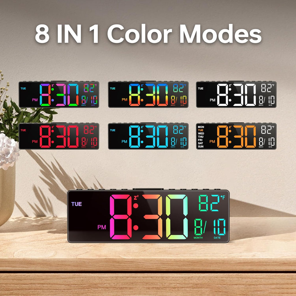 Reloj Despertador Digital Grande de 10.5'' con 8 en 1 Colores RGB