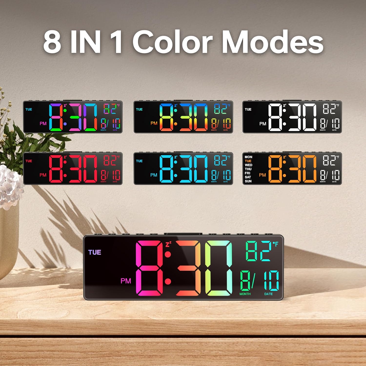 Reloj Despertador Digital Grande de 10.5'' con 8 en 1 Colores RGB