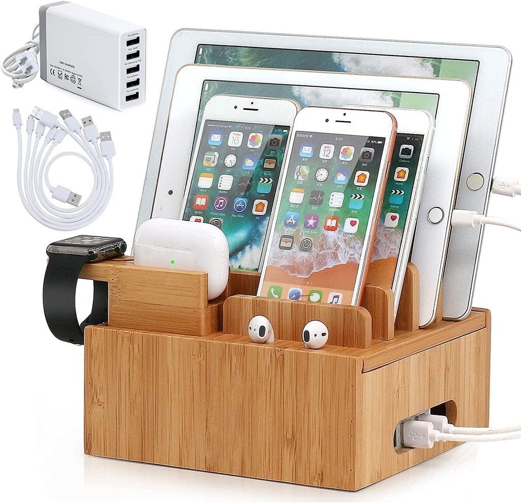 Tekavo ChargeDock Estación de Carga de Bambú | Cargador USB de 5 Puertos y Organizador | Para Smartphone, Tableta y Reloj Inteligente | Incluye Juego de Cables