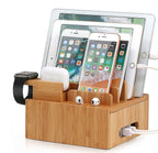 Tekavo ChargeDock Estación de Carga de Bambú | Cargador USB de 5 Puertos y Organizador | Para Smartphone, Tableta y Reloj Inteligente | Incluye Juego de Cables