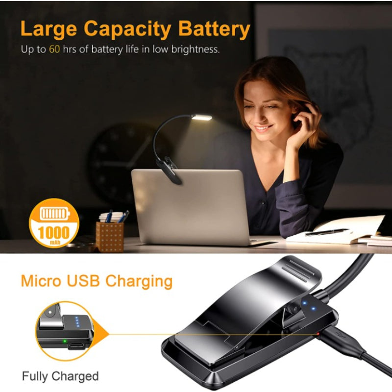 BowLift | Compra 9 lámparas de lectura LED recargables por USB para leer en la cama - amigables con los ojos, regulables sin escalas | Lámpara de lectura pequeña y ligera con clip