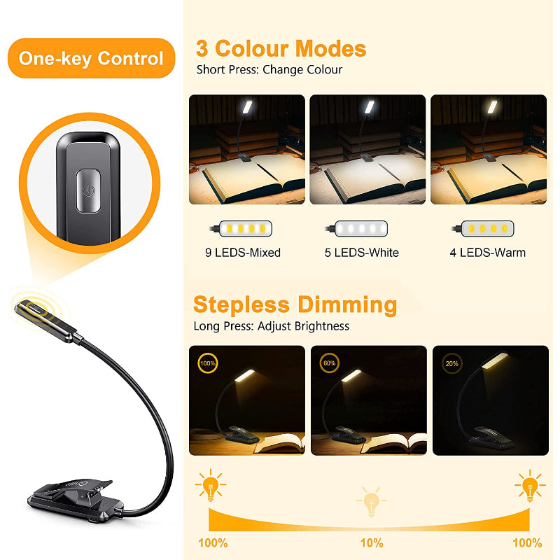 BowLift | Compra 9 lámparas de lectura LED recargables por USB para leer en la cama - amigables con los ojos, regulables sin escalas | Lámpara de lectura pequeña y ligera con clip