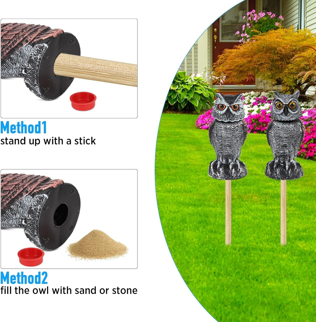 Réplica de Búho Realista de 2 Paquetes con Cabeza Rotativa – Repelente de Aves y Plagas para Exteriores