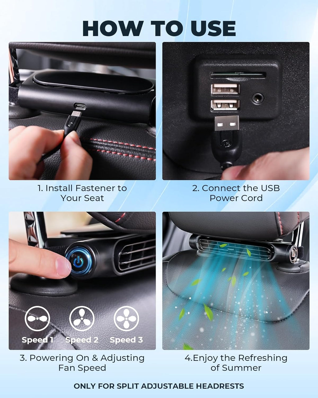Kalsten | Ventilador de enfriamiento para automóvil USB de 3 velocidades y soporte para reposacabezas – AutoBreeze (1+1 GRATIS)
