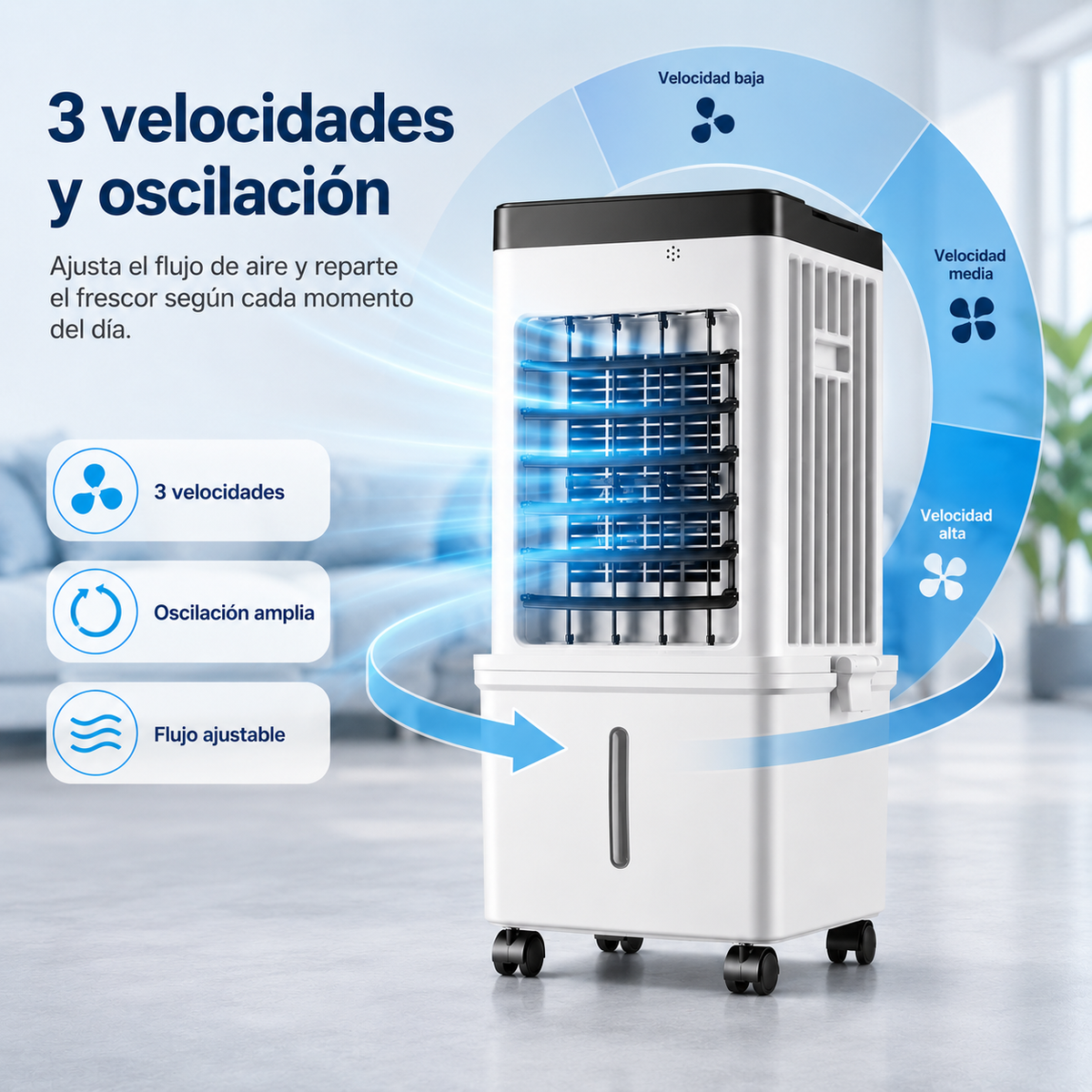 Aire Acondicionado Móvil – tanque de agua de 15L con elementos refrigerantes y 3 velocidades