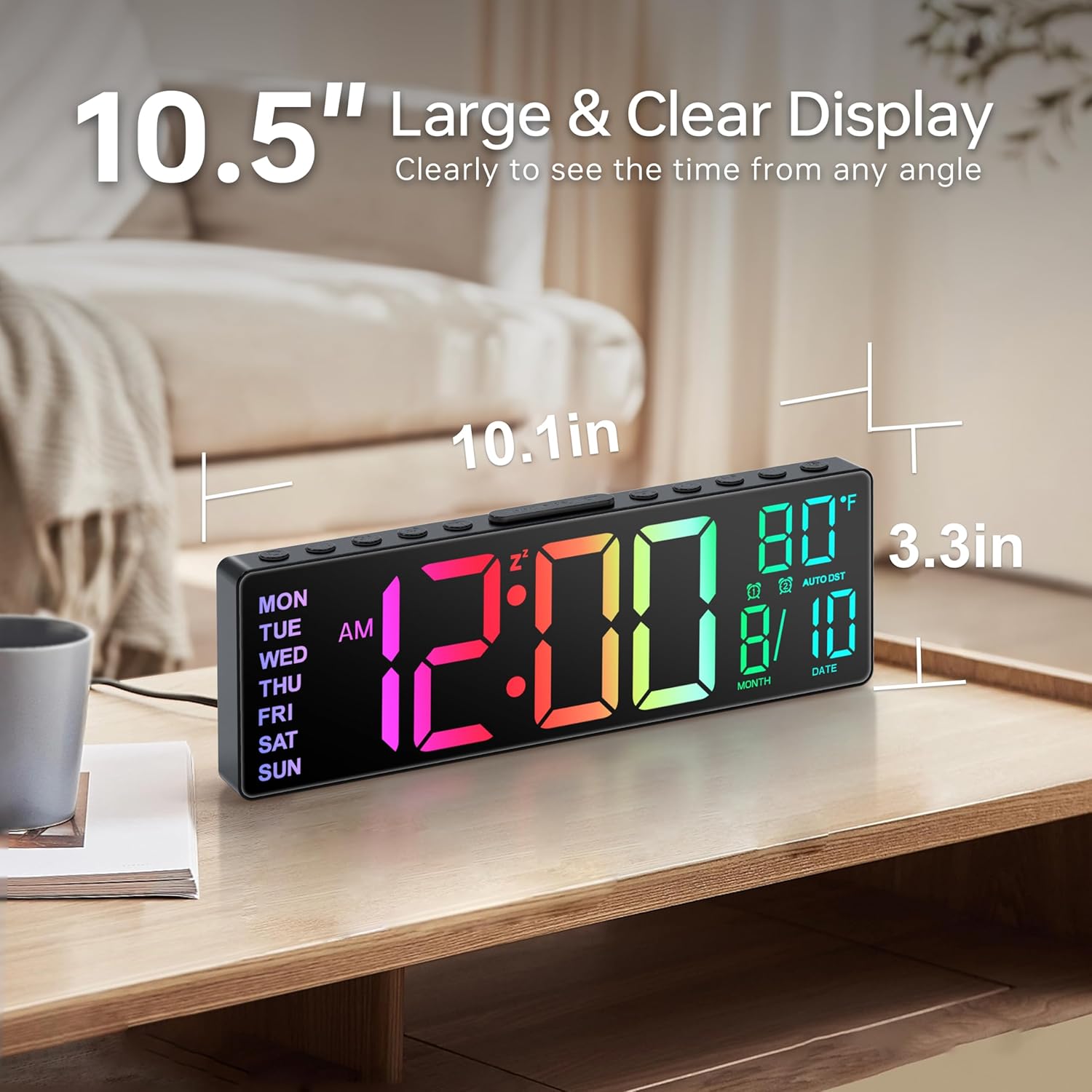 Reloj Despertador Digital Grande de 10.5'' con 8 en 1 Colores RGB
