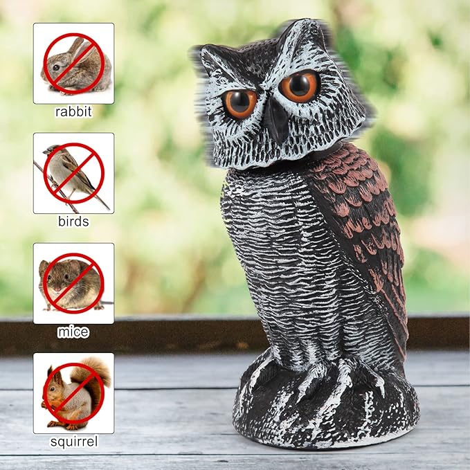 Réplica de Búho Realista de 2 Paquetes con Cabeza Rotativa – Repelente de Aves y Plagas para Exteriores