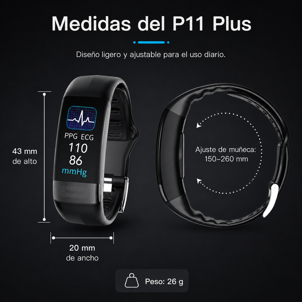 P11 Plus Health-Tracker | Monitoreo profesional de EKG y presión arterial | Análisis de HRV con gráfico de Lorenz | SpO2 y evaluación del sueño | IP67 a prueba de agua | Seguimiento del ciclo