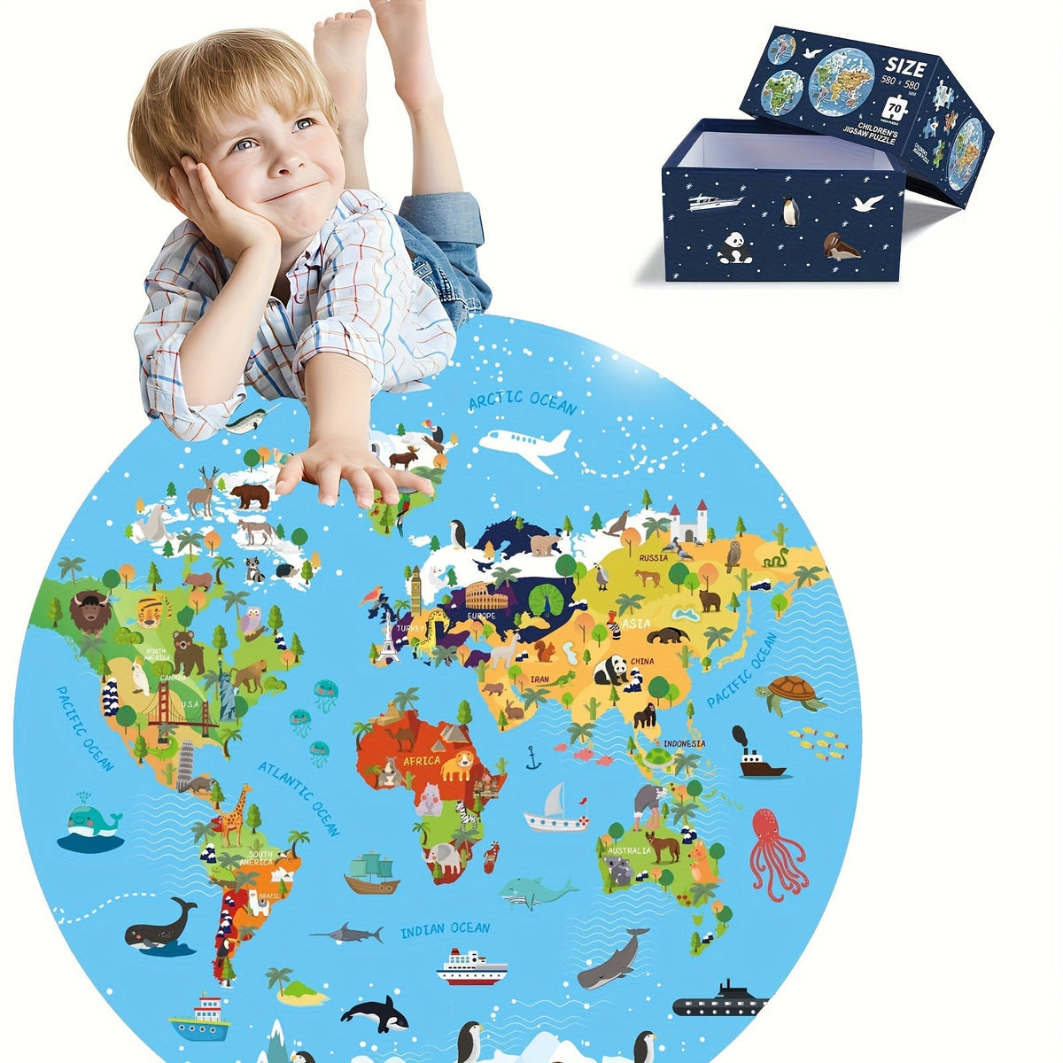 Rompecabezas de Piso de Animales de 70 Piezas – Diseño de Mapa Mundial Redondo para Niños