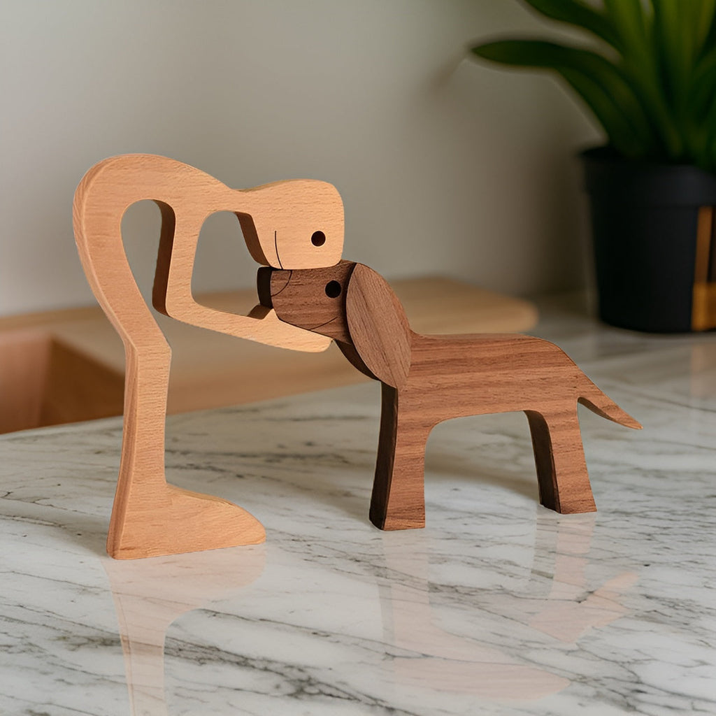 Escultura de madera perro y humano figura artesanal