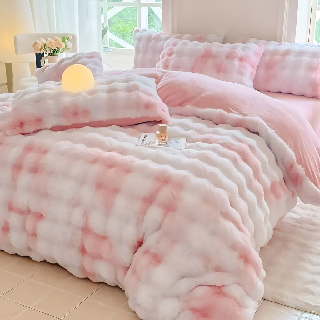 Conjunto de ropa de cama de terciopelo muy acogedor: cálido y suave para el otoño y el invierno | Diseño reversible en piel de conejo y terciopelo color leche