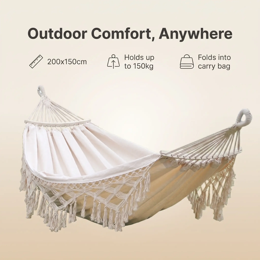 BowLift | Hamaca de Lona con Flecos para Camping Doble al Aire Libre de 200x150cm con Poste (Blanco)