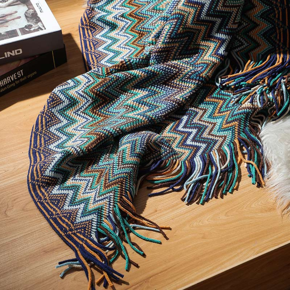 Manta de Tejido con Flecos en Zigzag Multicolor