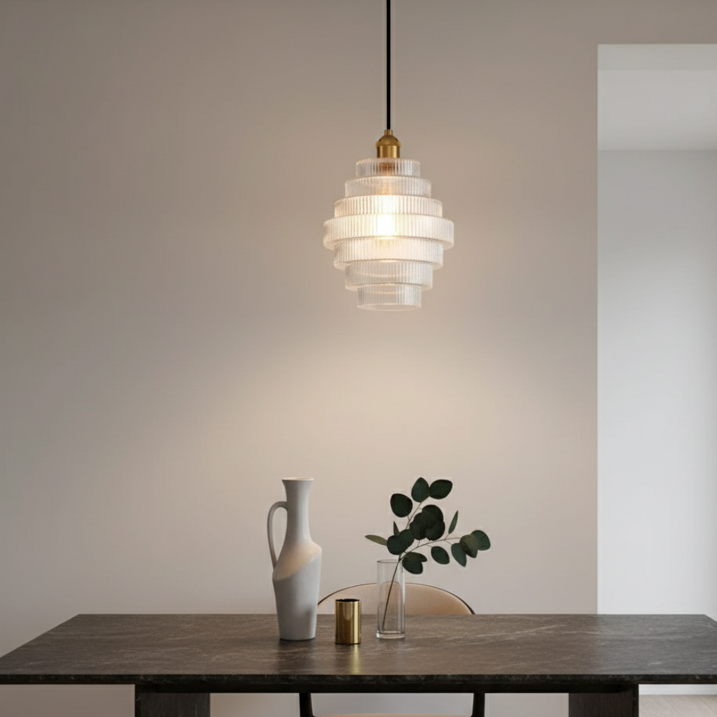 Lámpara Colgante de Cristal Tinteado con Rayas de Latón Antiguo - Elegantes Luces Colgantes para Cocina