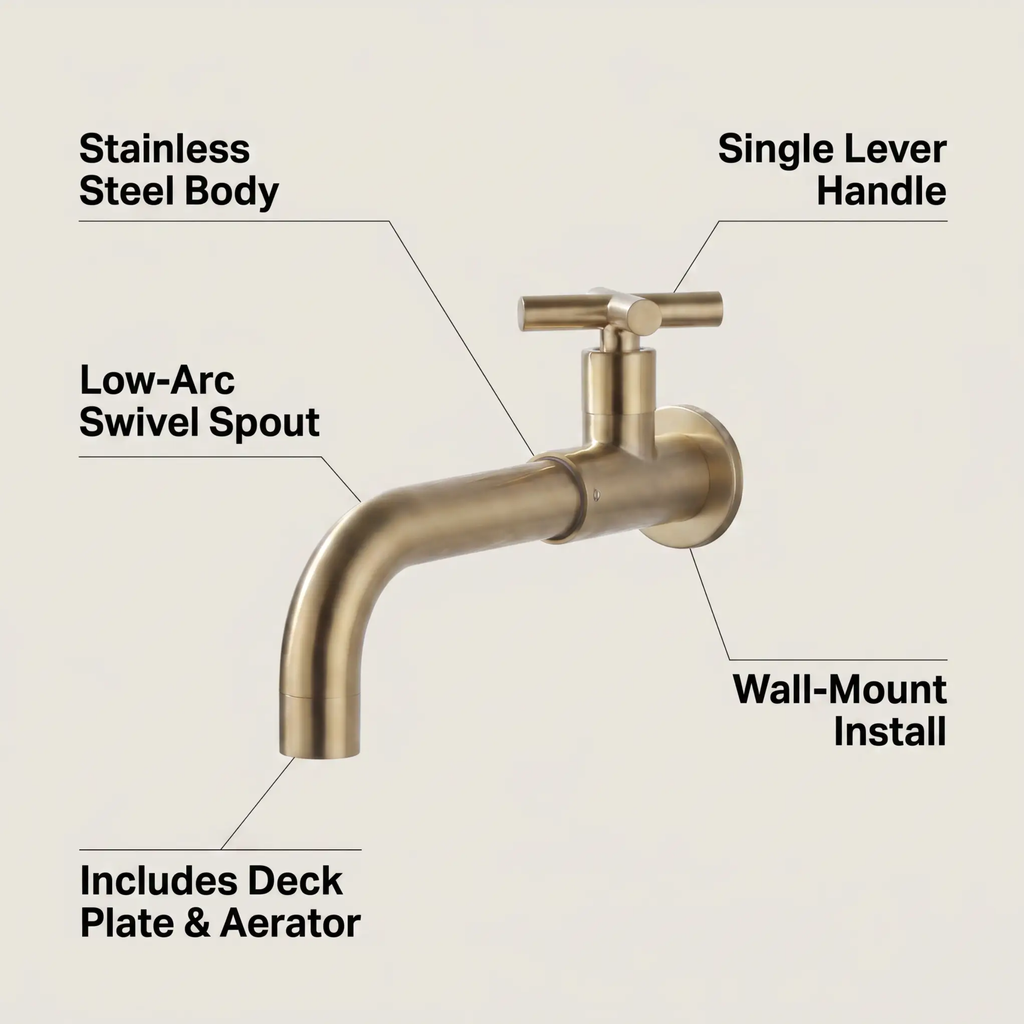 Grifo de baño contemporáneo montado en la pared con manijas cruzadas de acero inoxidable