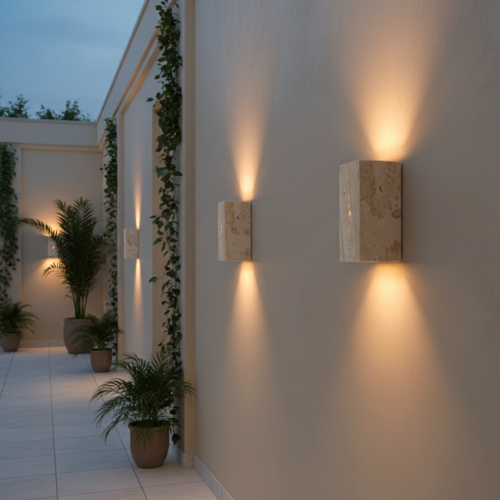 Lámpara de Pared Exterior Elegante Wabi Sabi | Lámpara de Pared de Piedra Travertina Impermeable para Jardín o Patio