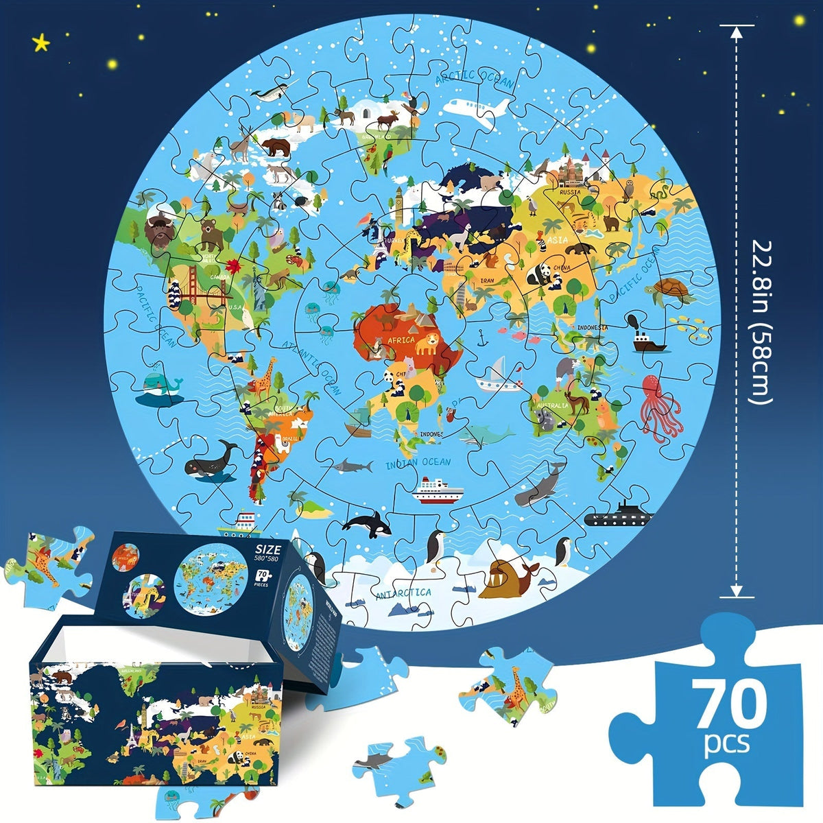 Rompecabezas de Piso de Animales de 70 Piezas – Diseño de Mapa Mundial Redondo para Niños