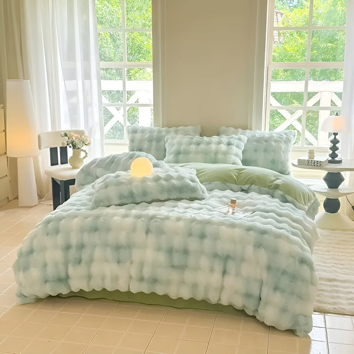Conjunto de ropa de cama de terciopelo muy acogedor: cálido y suave para el otoño y el invierno | Diseño reversible en piel de conejo y terciopelo color leche