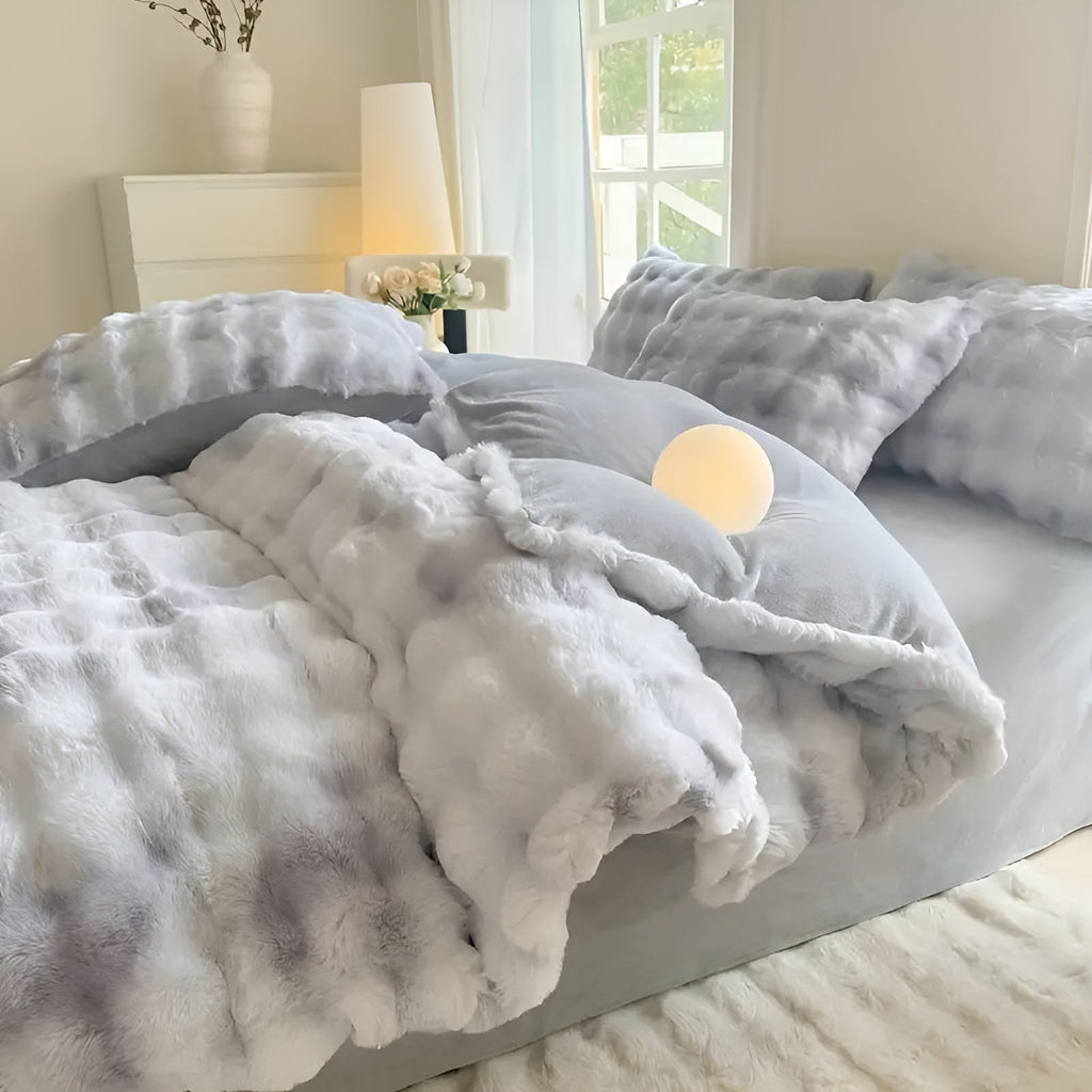 Conjunto de ropa de cama de terciopelo muy acogedor: cálido y suave para el otoño y el invierno | Diseño reversible en piel de conejo y terciopelo color leche