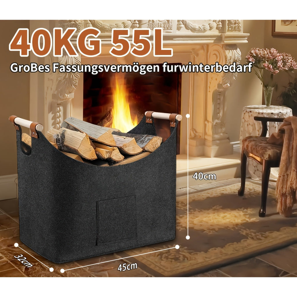 Cesta para leña FELDURA | Plegable | Volumen de 55L | Con asas de madera y detalles de cuero | Gris oscuro