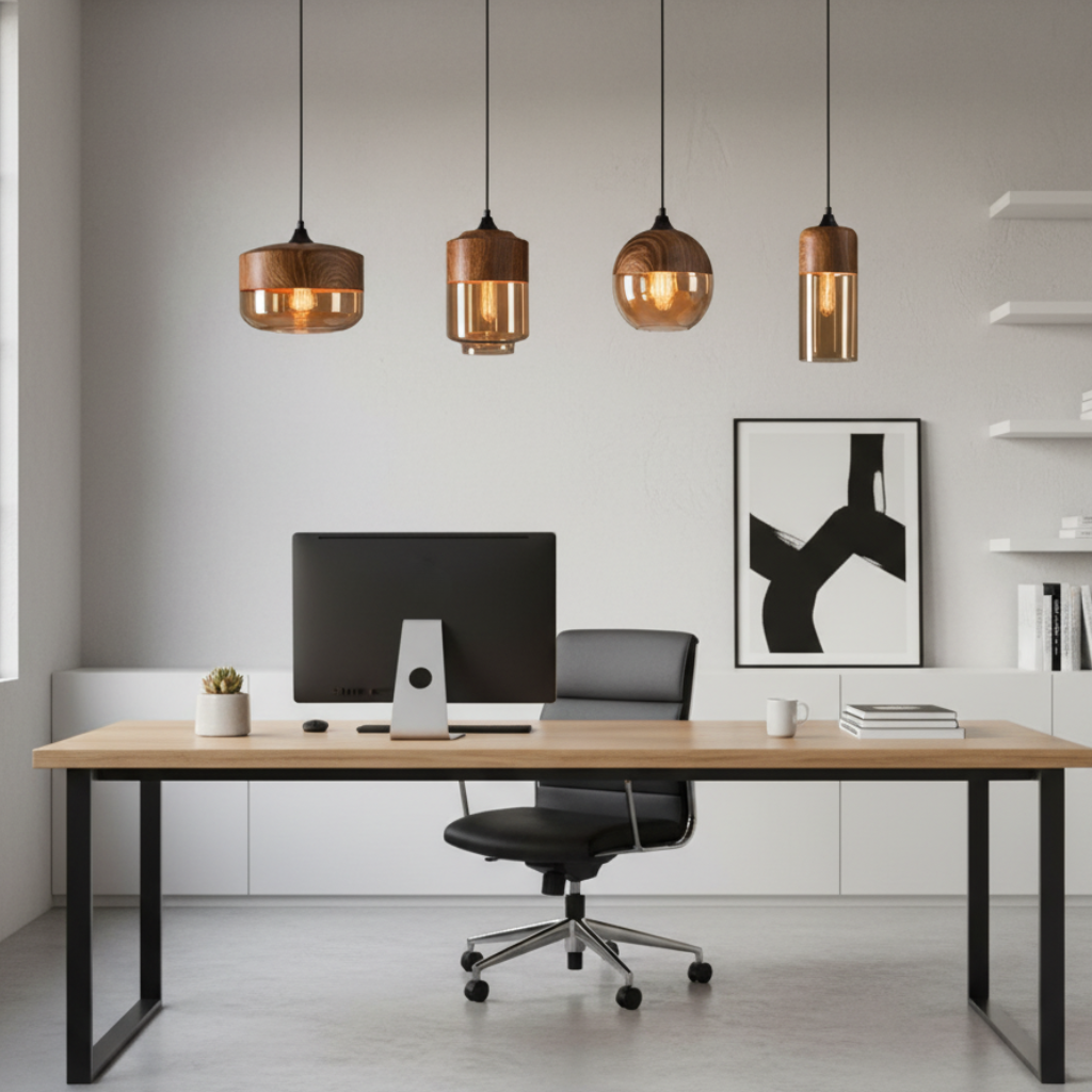 Lámpara de Techo Escandinava NordLuna - F fixture de Luz de Madera con Vidrio Tinteado, Altura Ajustable para Comedores y Espacios Habitables