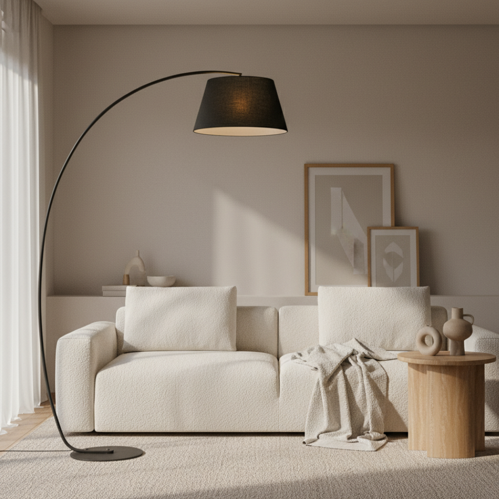 ArcoLuxe | Lámpara de pie de arco elegante y moderna con pantalla de tela para sala de estar