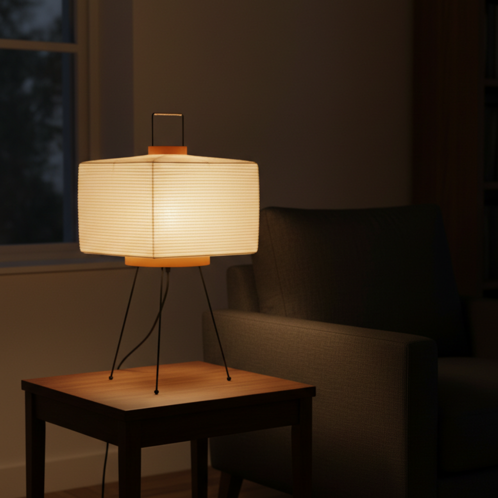 Lámpara de Mesa Minimalista Akari 7A con Pantalla de Papel Washi Plegado a Mano