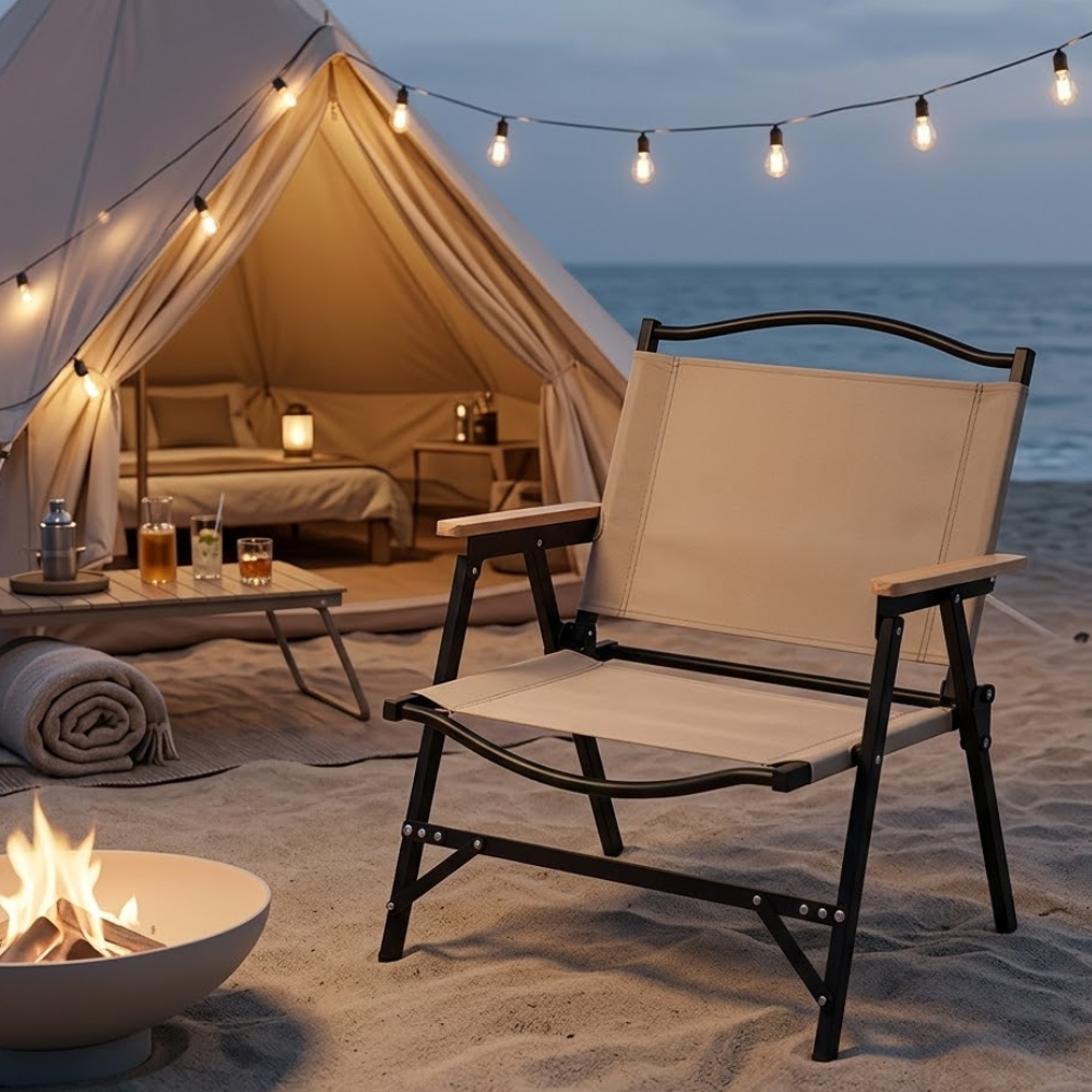 Silla de Camping Plegable Minimalista en Caqui con Apoyabrazos