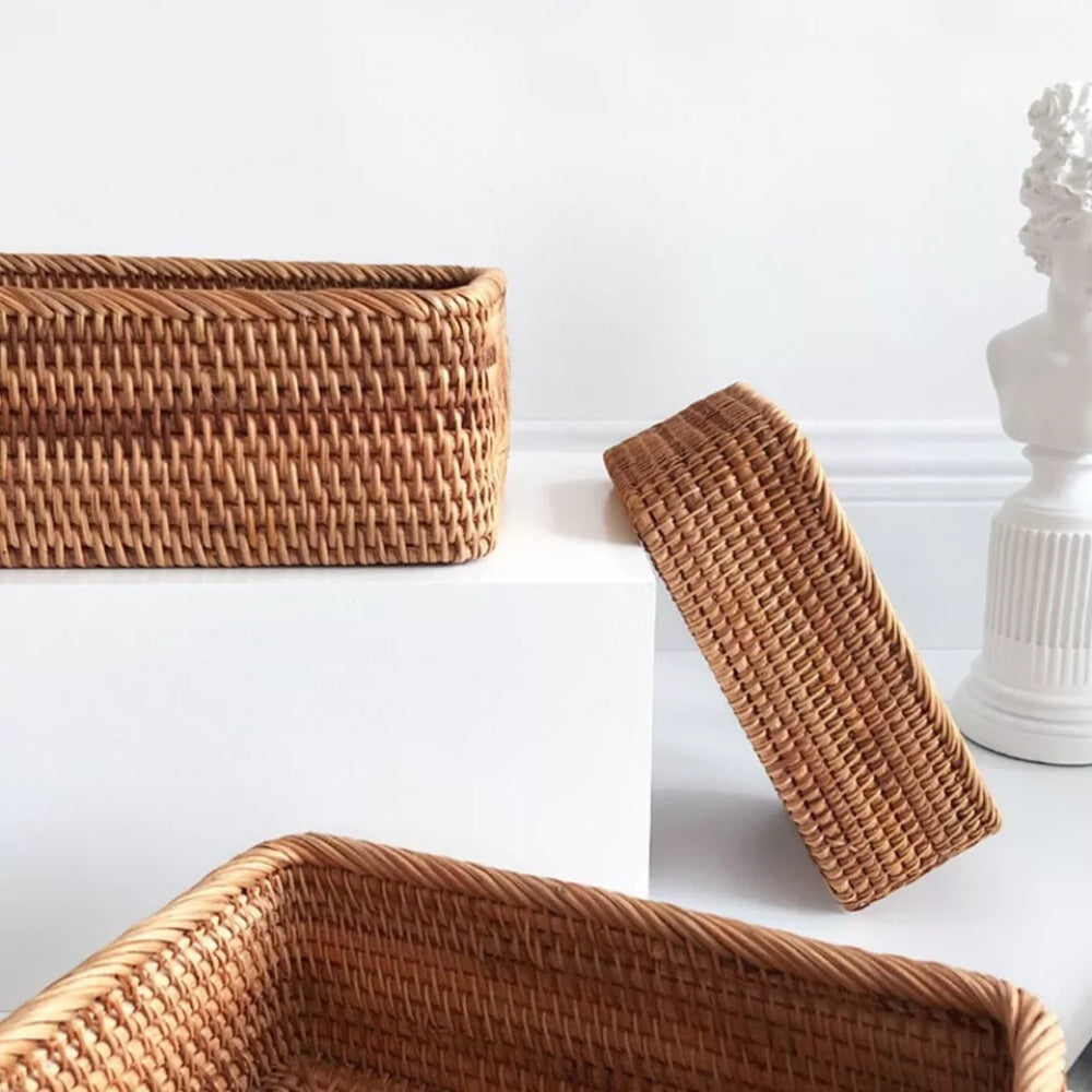 Cesta de Almacenamiento Rectangular de Ratán Artesanal