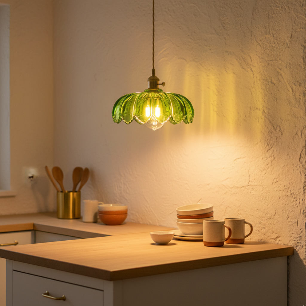 Lámpara Colgante Corolla - Pantalla Floral y Soporte de Latón para Isla de Cocina