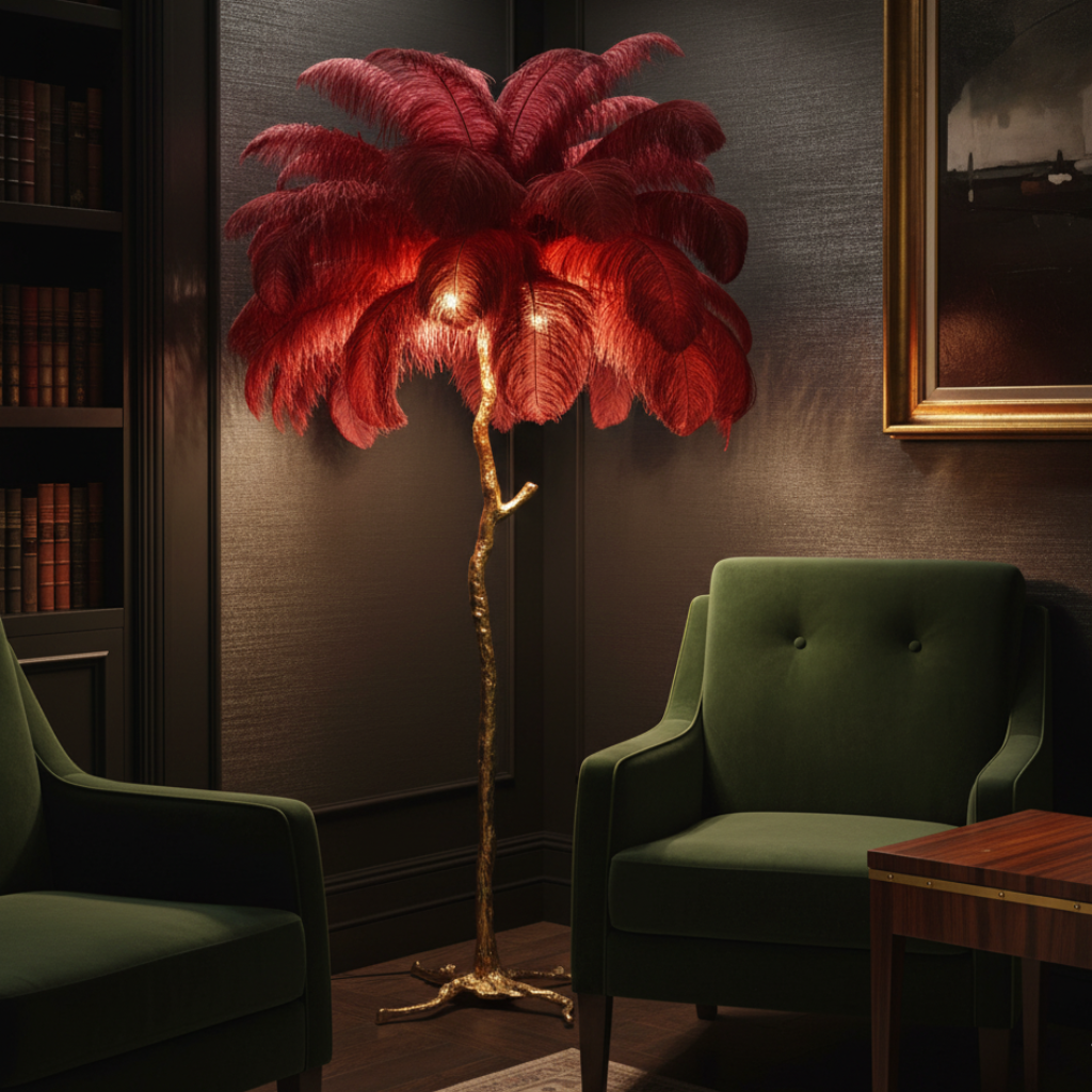 Lámpara de Pie con Pantalla de Plumas Elegante - Lámpara de Trípode Moderna para Sala de Estar