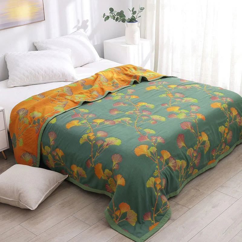 Cubrecamas Reversible de Hojas de Ginkgo Floral Jacquard