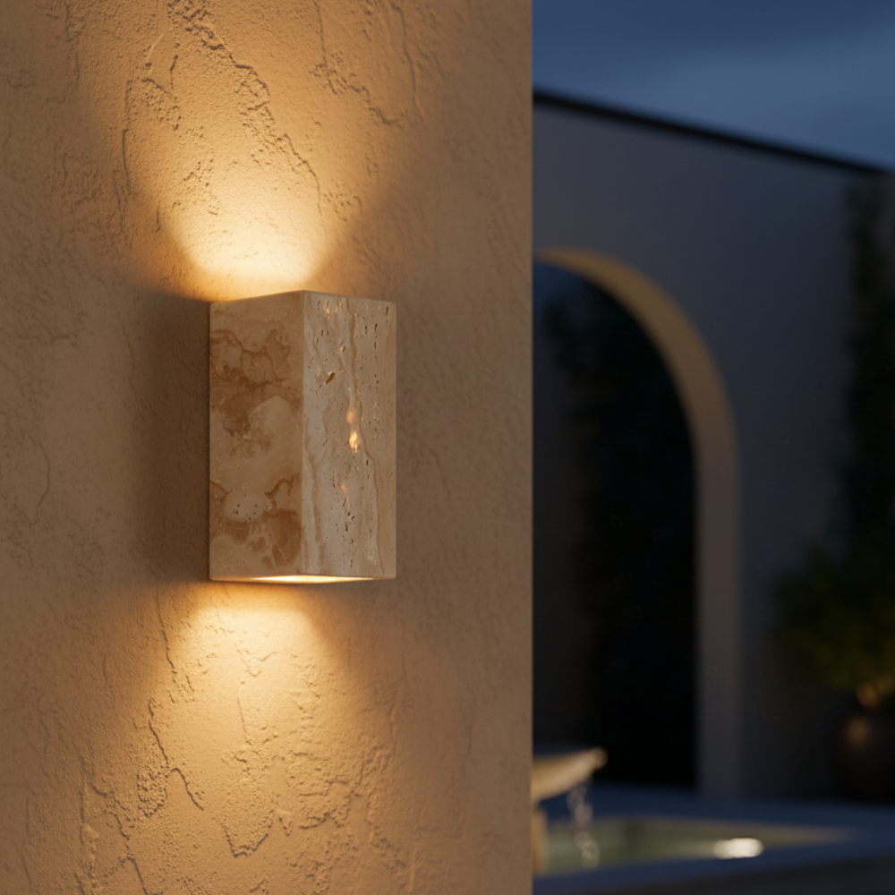 Lámpara de Pared Exterior Elegante Wabi Sabi | Lámpara de Pared de Piedra Travertina Impermeable para Jardín o Patio