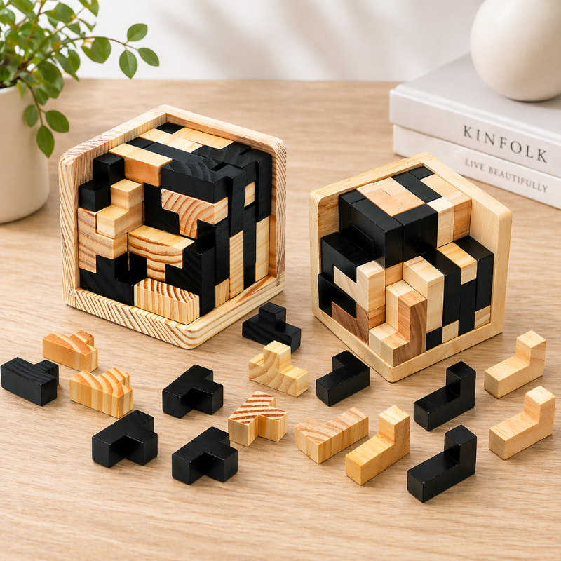 Rompecabezas cúbico 3D de madera – juego de lógica para niños