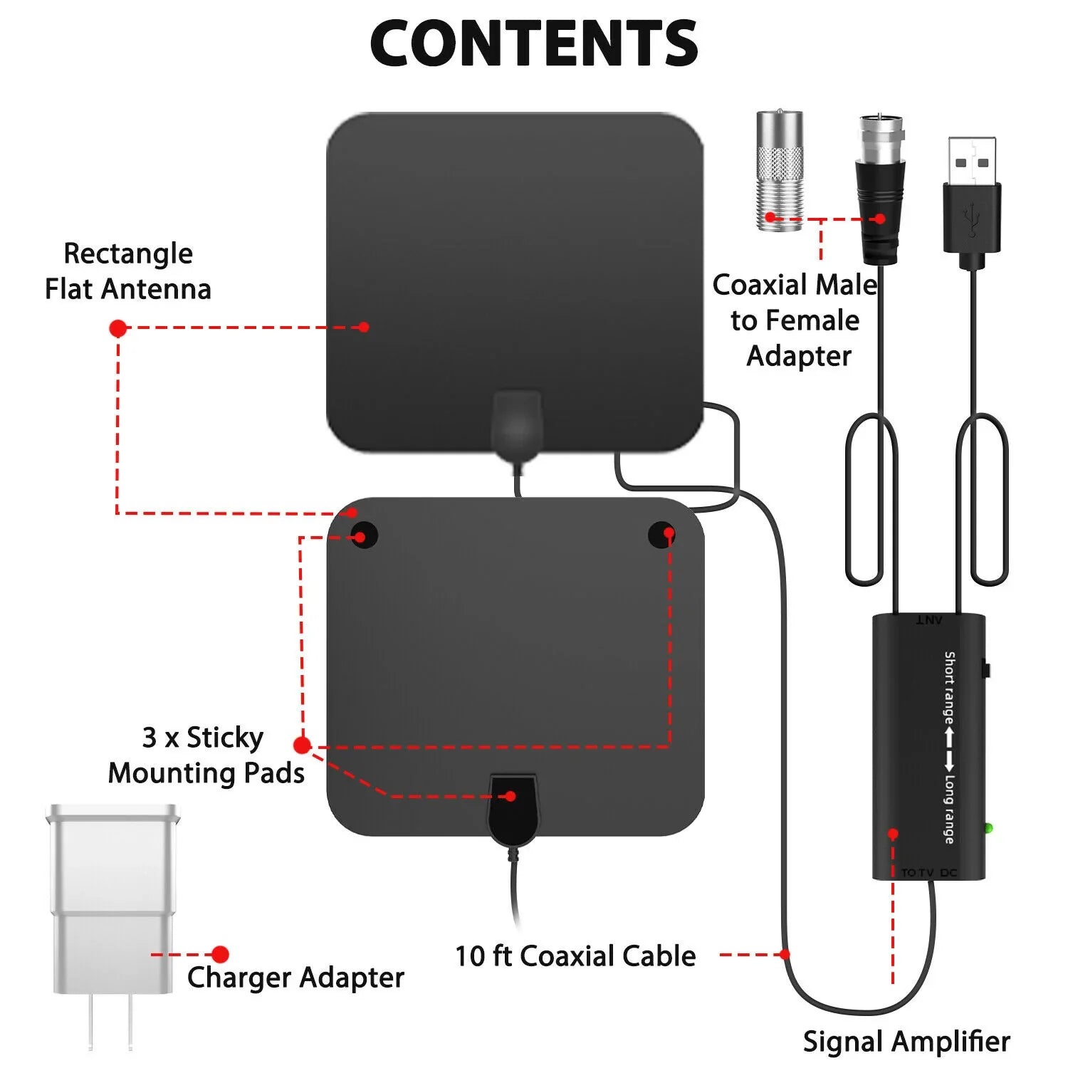 Antena HDTV Amplificada Digital Interior de 300 Millas con Refuerzo de Señal