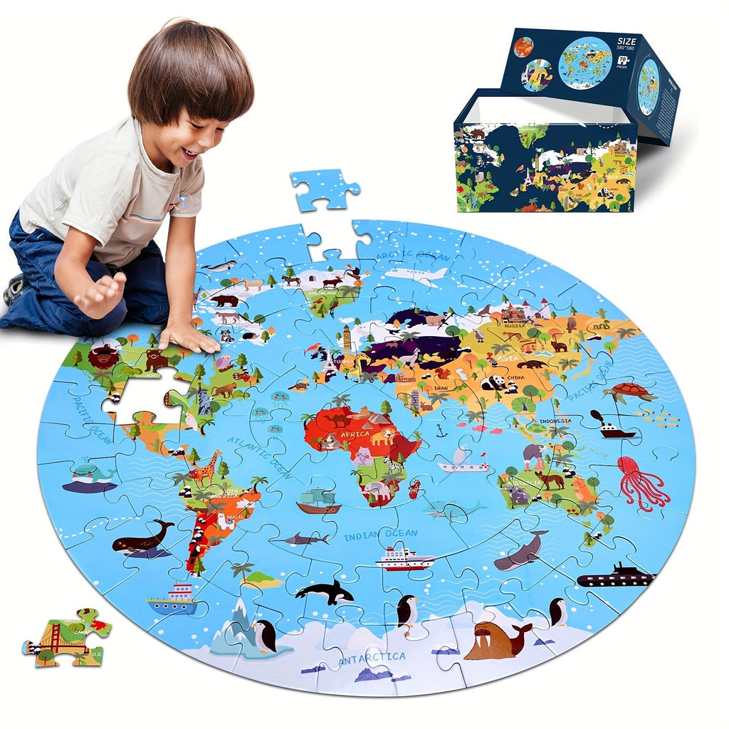 Rompecabezas de Piso de Animales de 70 Piezas – Diseño de Mapa Mundial Redondo para Niños