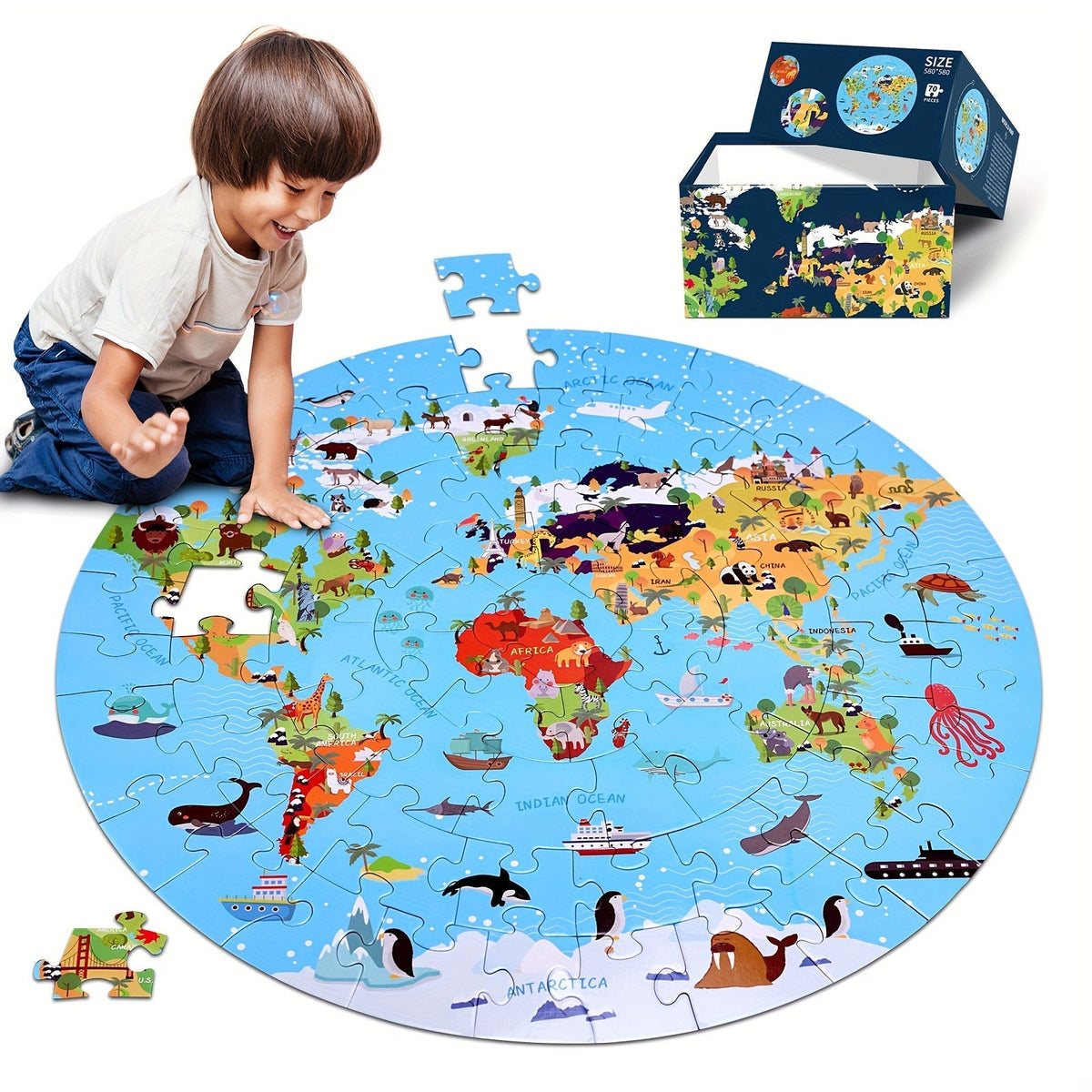 Rompecabezas de Piso de Animales de 70 Piezas – Diseño de Mapa Mundial Redondo para Niños