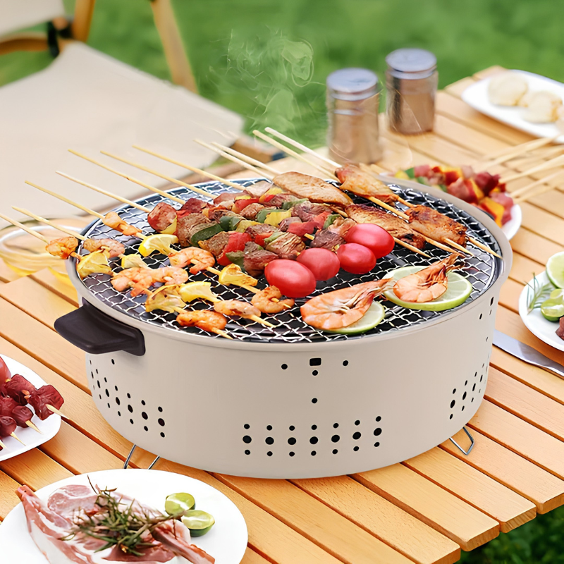 Barbacoa de carbón portátil – parrilla redonda desmontable para exteriores