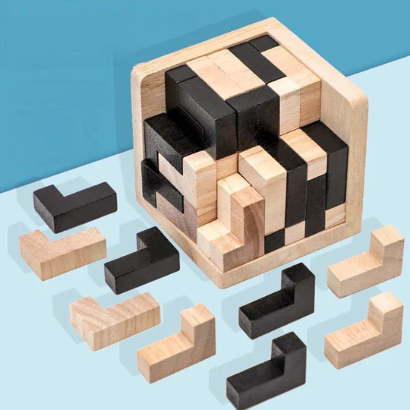 Rompecabezas cúbico 3D de madera – juego de lógica para niños