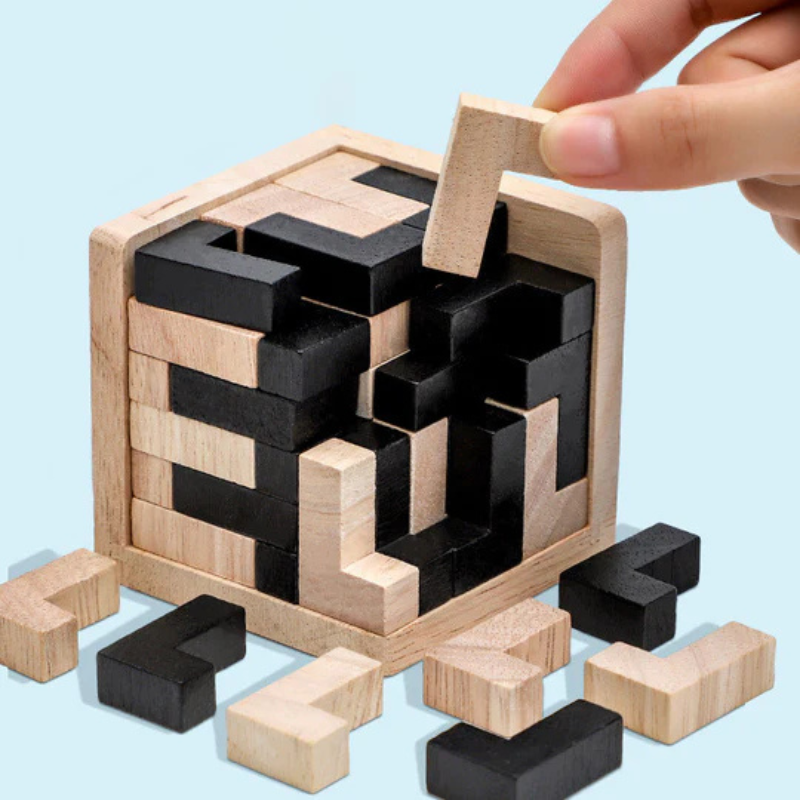 Rompecabezas cúbico 3D de madera – juego de lógica para niños