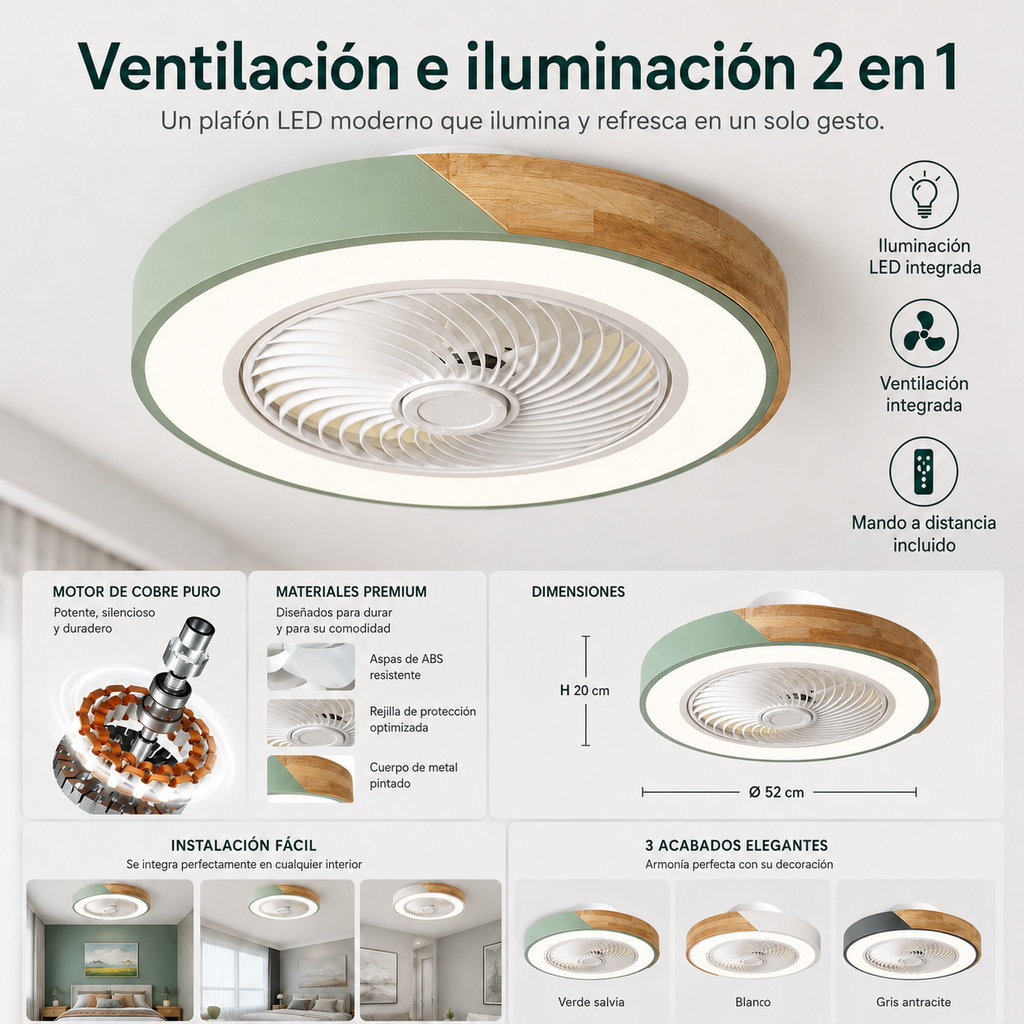 Ventilador de Techo Moderno Sin Aspas con Luz LED y Control Remoto